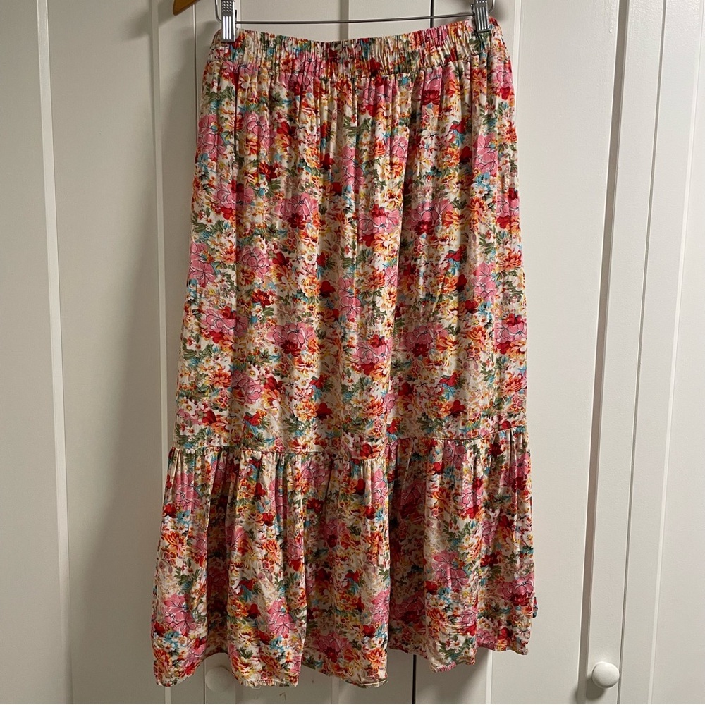 Esqualo Floral Front Button Ruffle Hem Midi Skirt Pink Red Size 12 Large